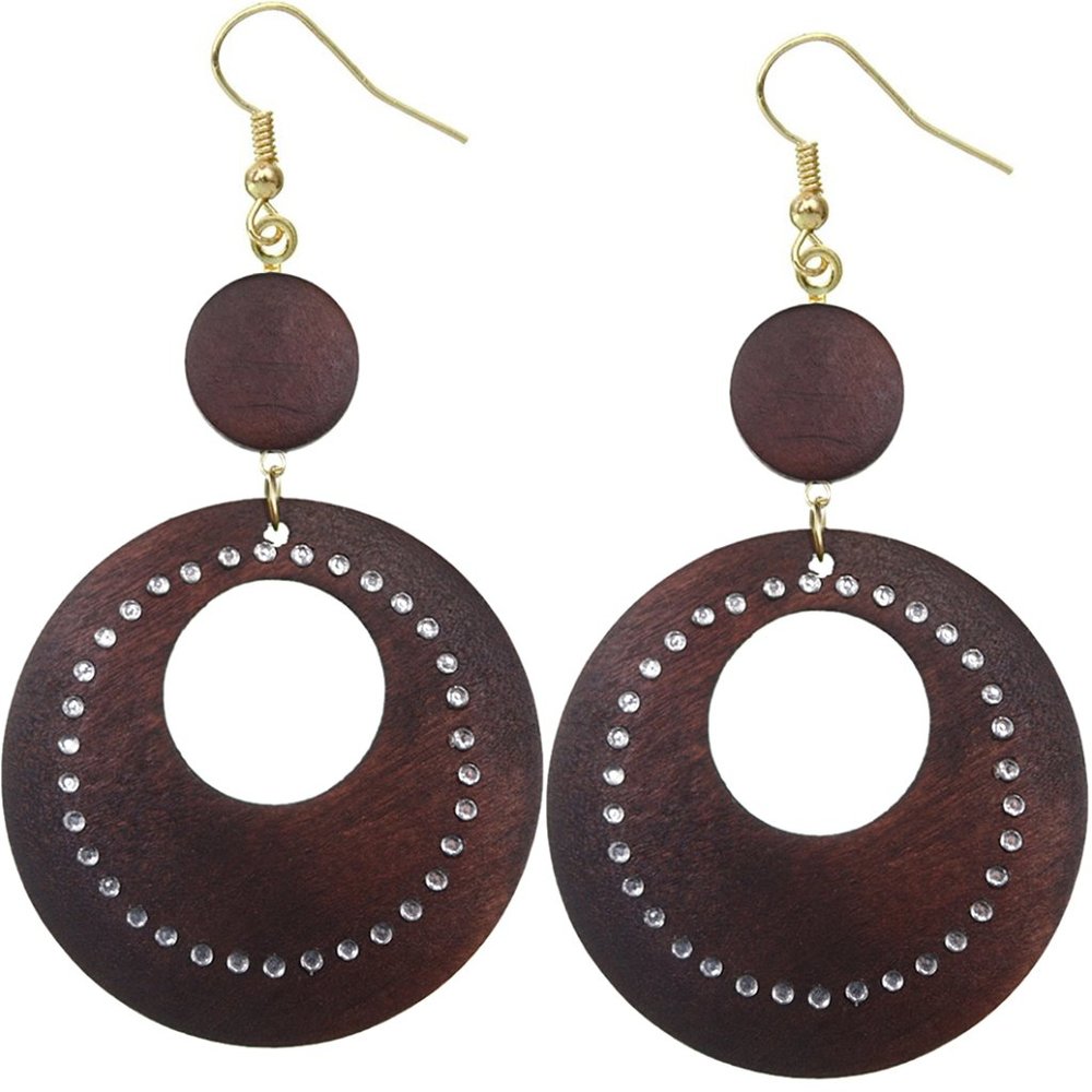 Dark Brown Wooden Gemstone Drop Hoop Earrings